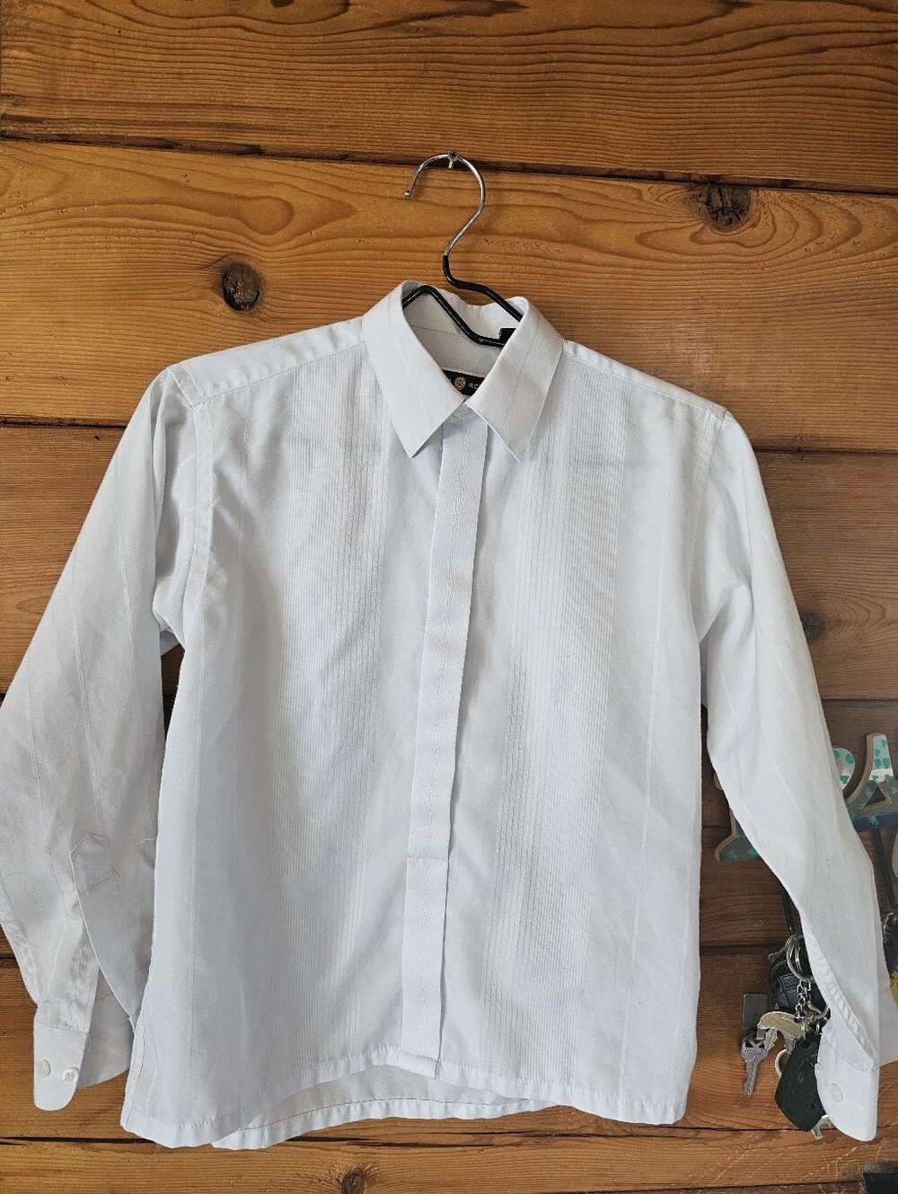 Boys Long Sleeve Dress Shirt White Silver Striped Hidden Buttons